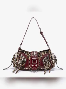 New Trendy Retro Leopard Print Motorcycle Bag, Versatile Commute Handbag, Casual PU Material, All Seasons, Single Shoulder Crossbody