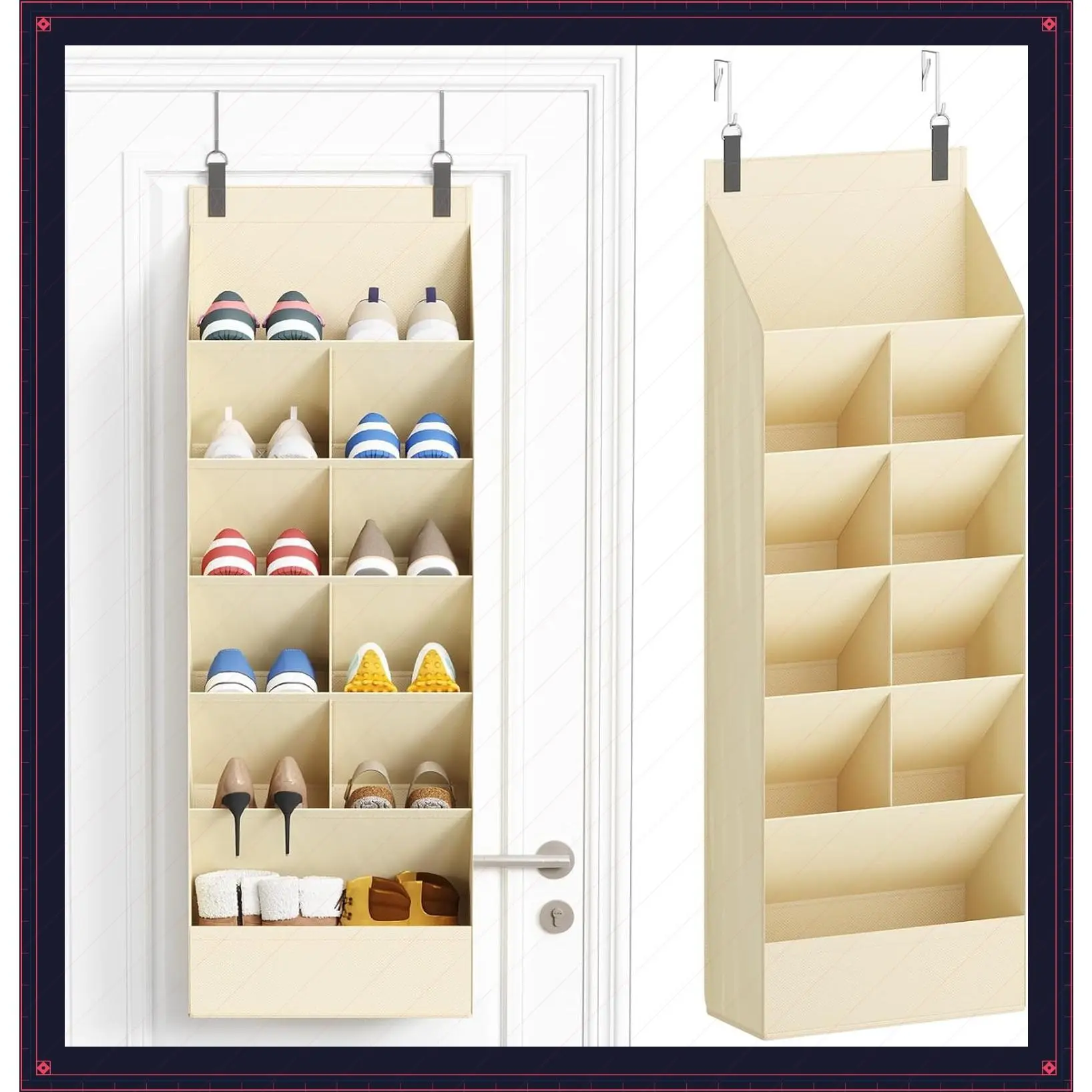 6 Tier Over the Door Shoe Organizer with 11 Large Deep Pockets, Fabric Hanging Shoes Shelf for Closet, Dorm Storage, Fit Up to 12 Pair Shoe Rack Holder for Sneakers, Boots, BeigeGift