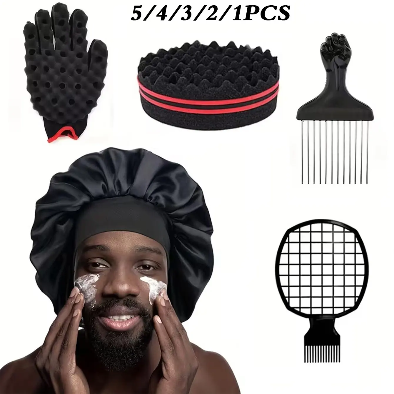 1/2/3/4/5pcs Curl Defining Hair Styling Kit with Twist Curl Sponge, Detangling Glove Brush, Afro Pick Comb, Curl Defining Grid Brush & Satin Bonnet – Natural Curly Hair Styling Tools Set for Twist Curls, Afro Hair, Coil Definition, Volume Shaping & Daily