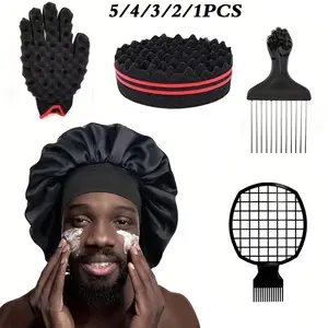 1/2/3/4/5pcs Curl Defining Hair Styling Kit with Twist Curl Sponge, Detangling Glove Brush, Afro Pick Comb, Curl Defining Grid Brush & Satin Bonnet – Natural Curly Hair Styling Tools Set for Twist Curls, Afro Hair, Coil Definition, Volume Shaping & Daily