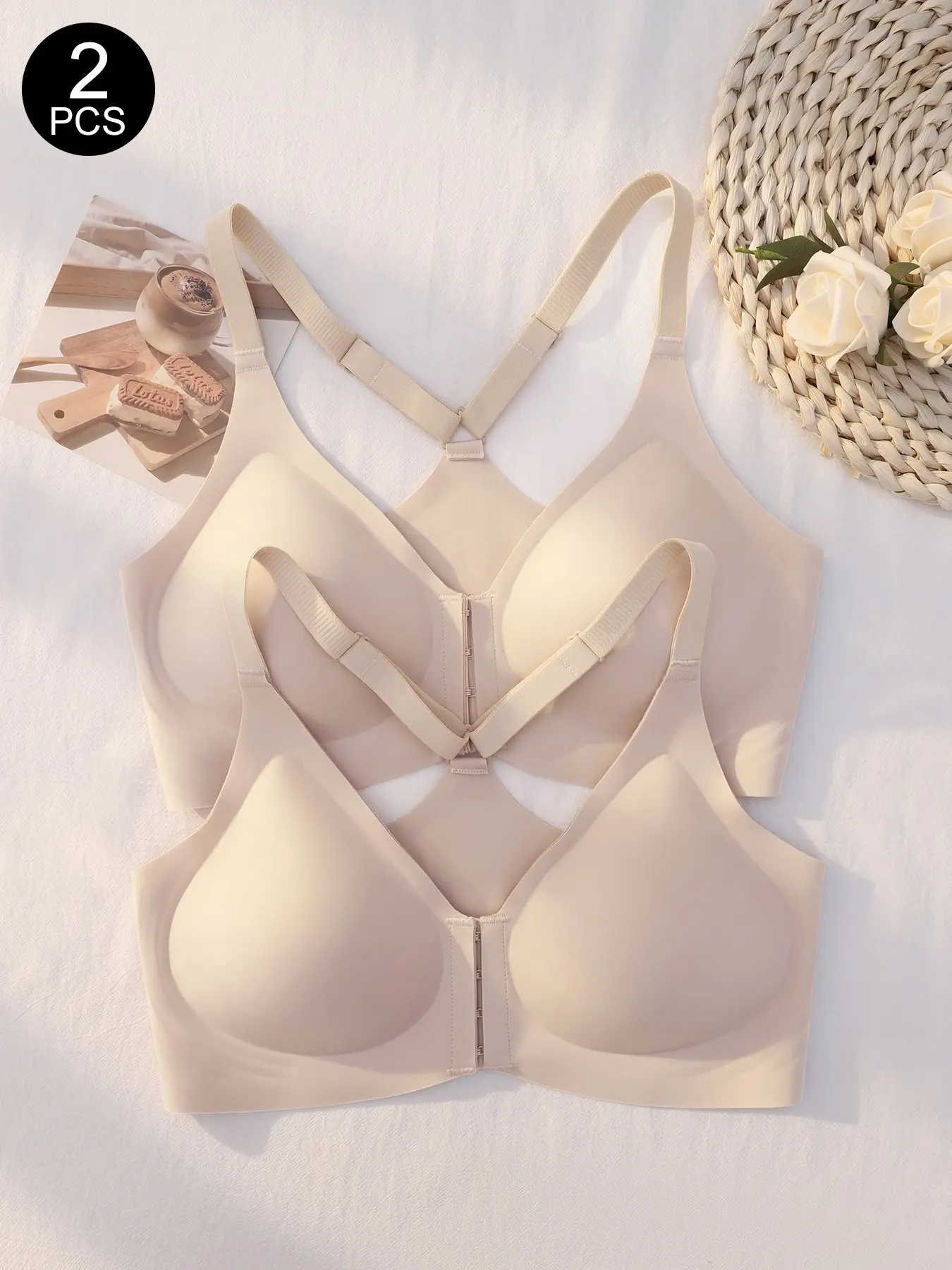 2 Pack Front Closure Bras for Women, Racerback Jelly Bra, No Underwire, Seamless Push Up, Supportive Bralettes, All Seasons