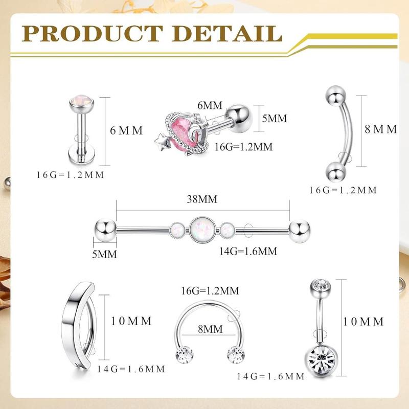Jstyle 37 Pcs 14G-16G Body Piercing Jewelry for Women 316L Stainless Steel Industiral Cartilage Earrings Clicker Belly Button Rings Lip Eyebrow Rings Horsehoe Septum Rings Body Piercing Jewelry Set Daily
