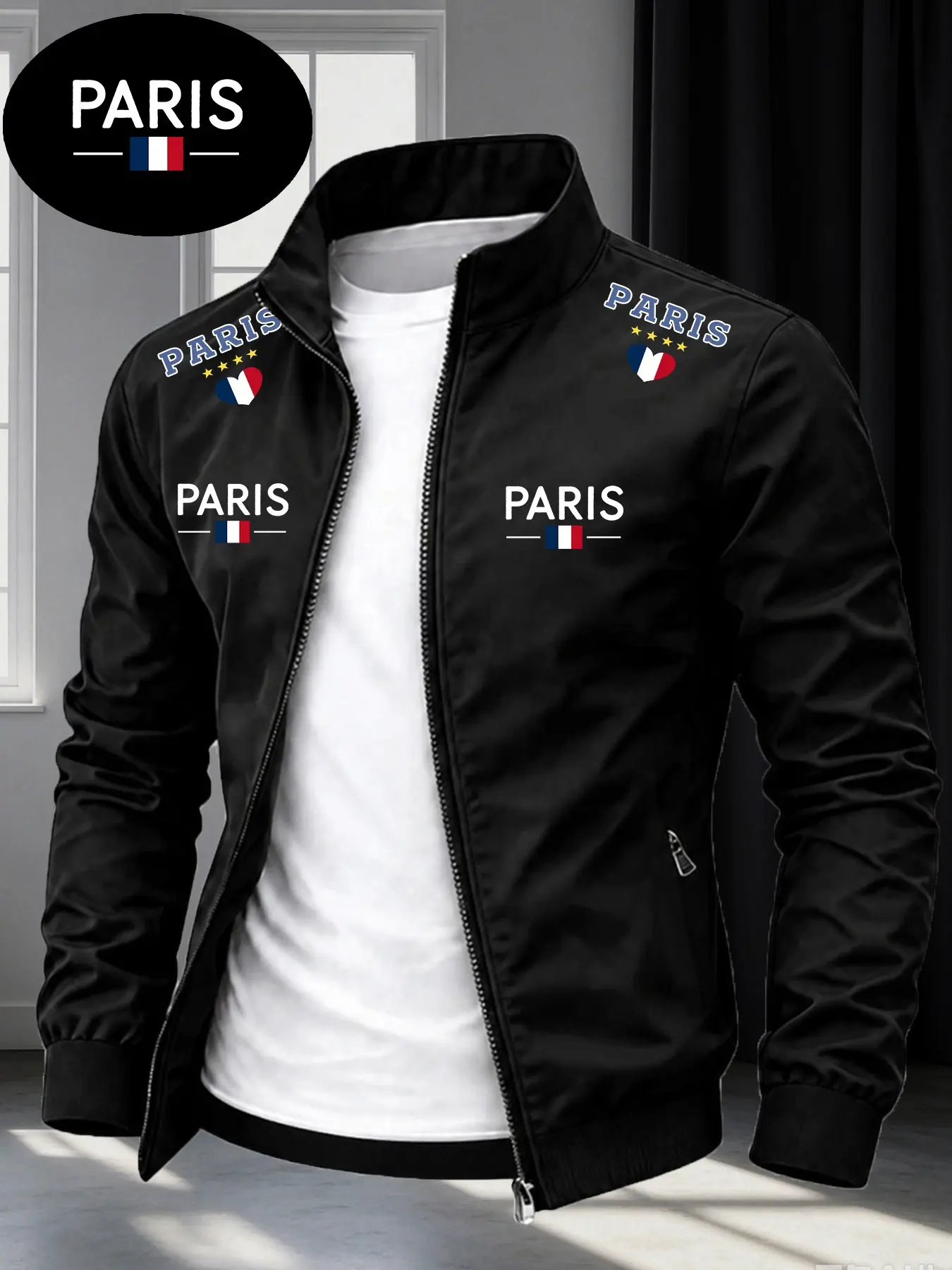 Men Paris France Flag Print Zip‑Up Bomber Jacket, Stand Collar Lightweight Windbreaker Coat, Casual Outdoor Sport Outerwear For Travel Daily Street Outfits French