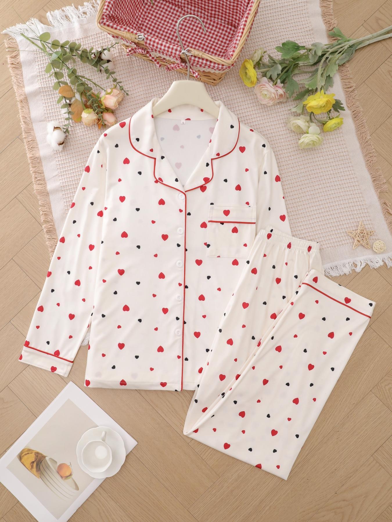 Two-piece Set Women's Heart/ Strawberry Print Pajama Set, Casual Comfy Long Sleeve Lapel Collar Top & Pants Pj Set, Valentine's Day Gift, Ladies Sleepwear for Spring & Fall, Pyjamas