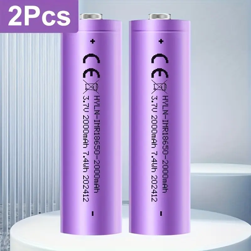 18650 Lithium-Ion Battery, 2000mAh High Capacity Battery, 3.7v, Rechargeable, Metallic Matte Finish, Button Top, for Headlights, Flashlights, Household Appliances