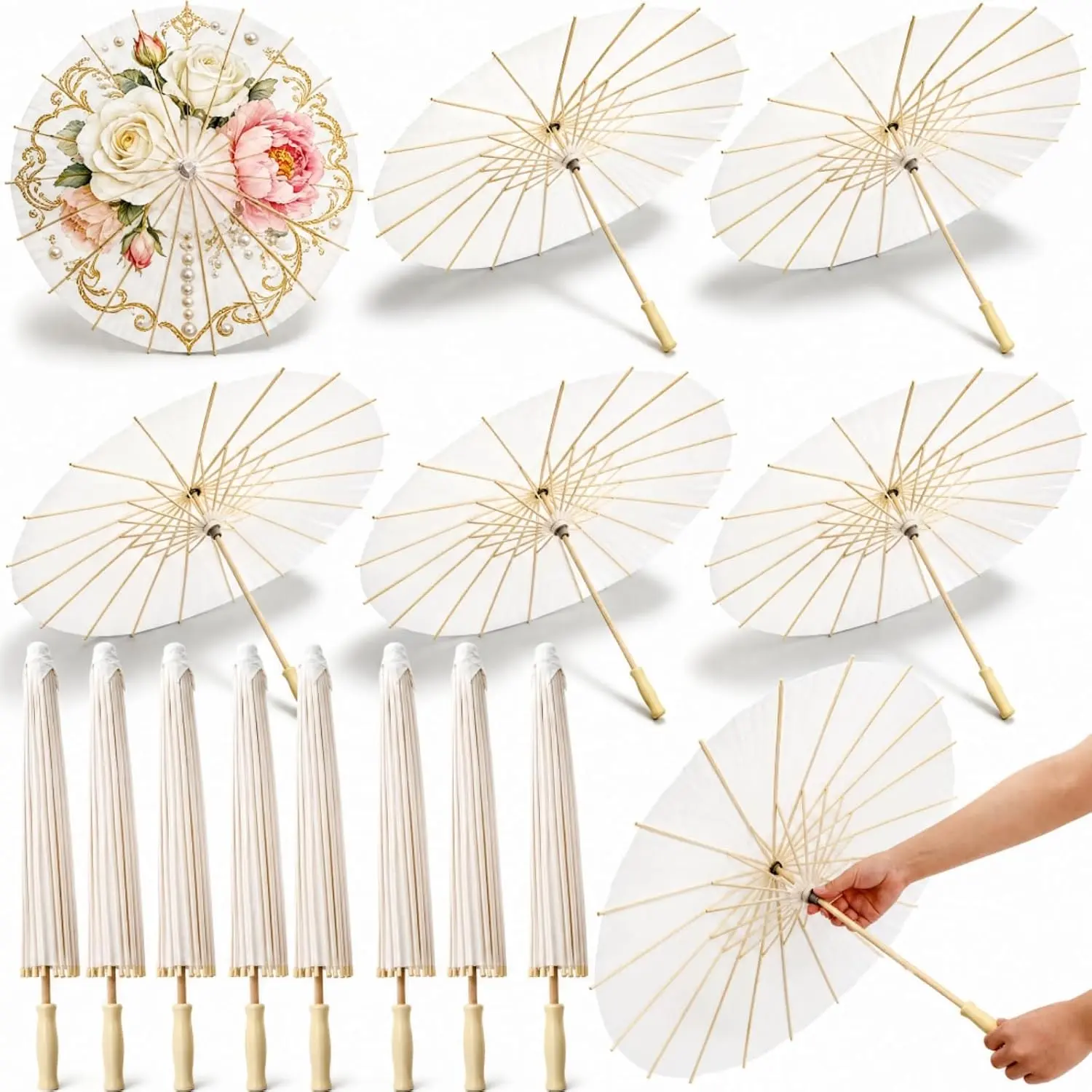 Noamus 8 Pcs 23.6 Inch White Paper Umbrella, Chinese Oiled Paper Parasol Umbrellas, Japanese Decorative DIY Painting Parasol Bulk for Women Wedding Bridal Party Decor Photo Props Craft