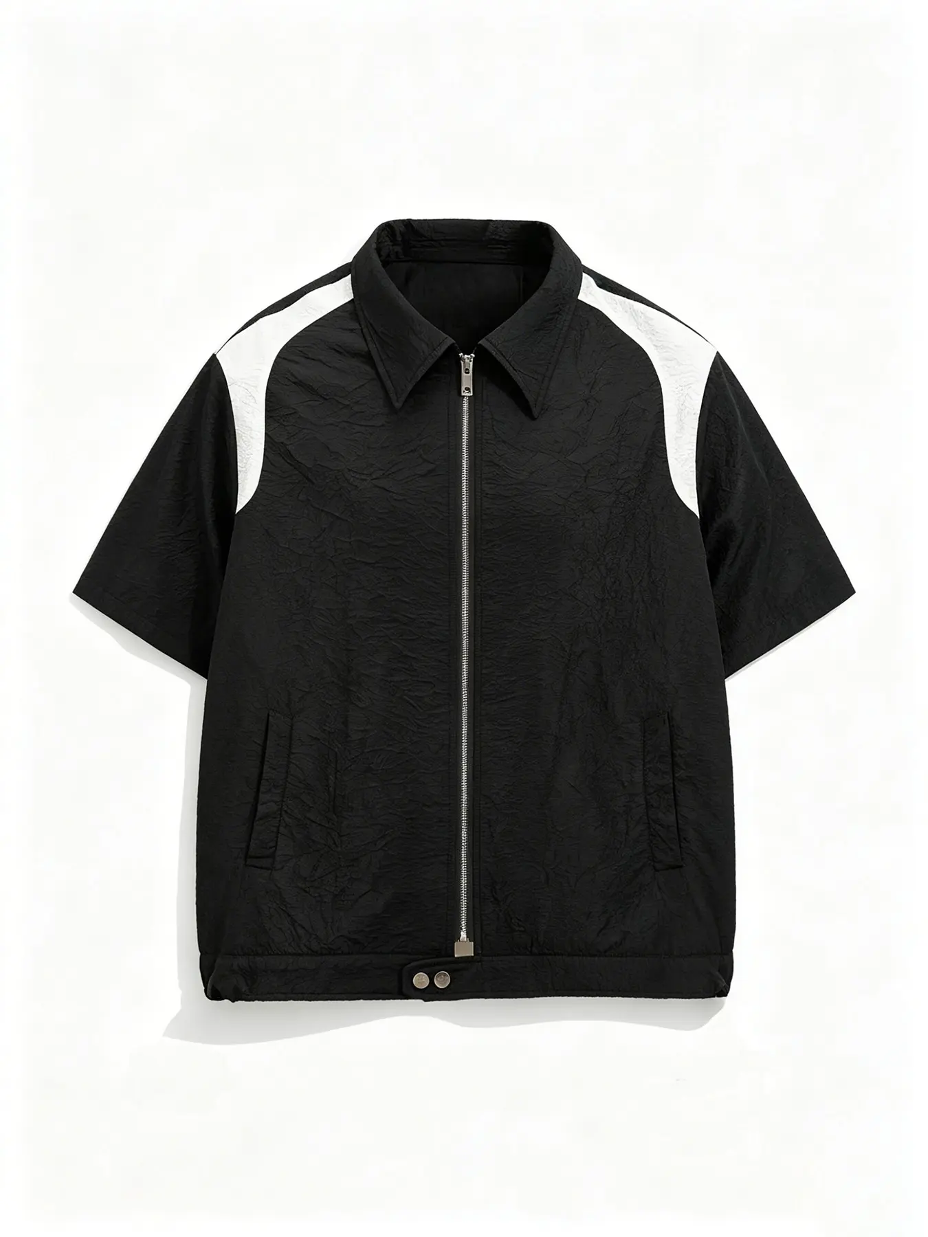 Hip Hop Contrast Color Short Sleeve Zip Up Jacket, Textured Wrinkle Lapel Collar Cropped Windbreaker, Men Trendy Black White Splicing Loose Street Outer Shirt