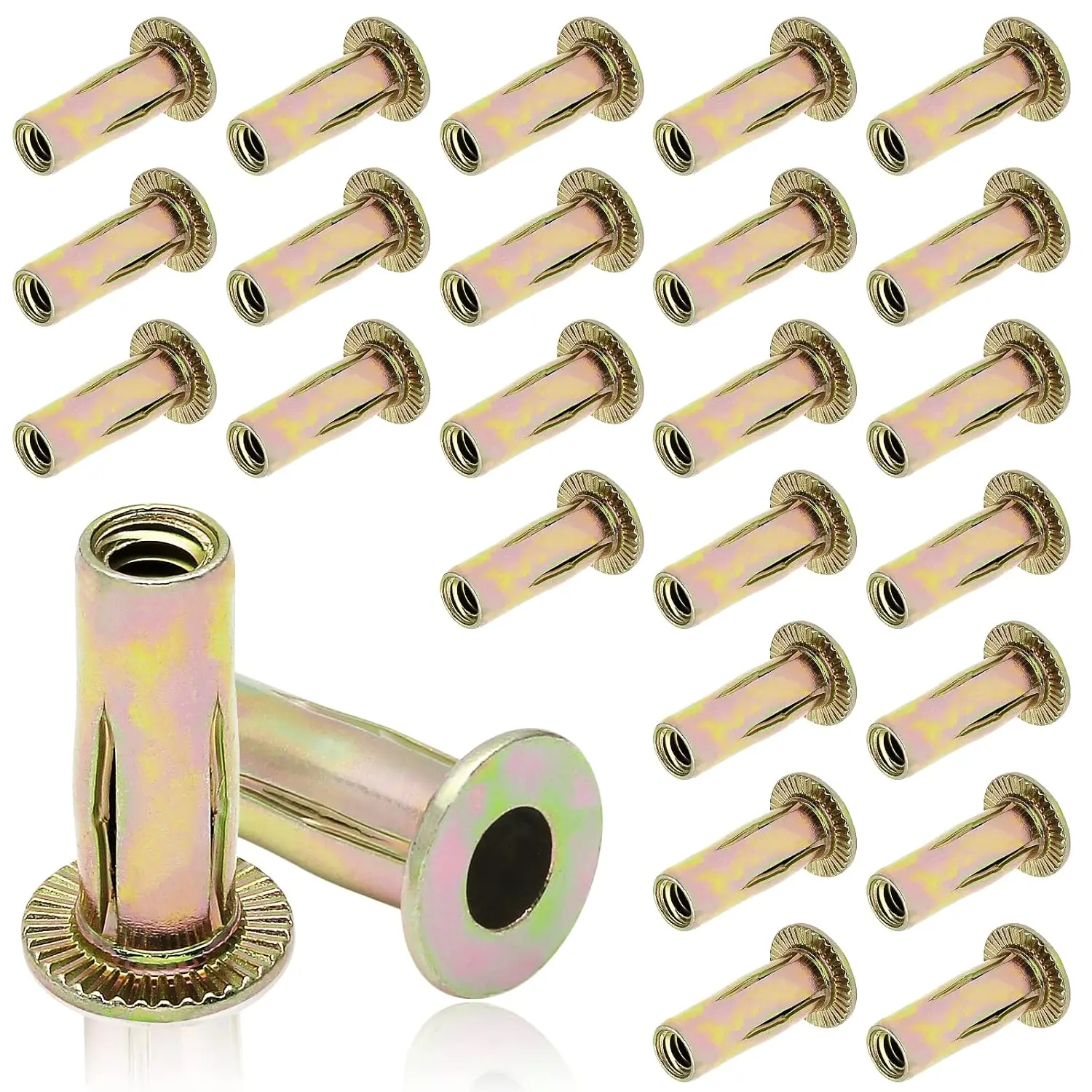 25 count Steel Multi Grip Rivet Nuts Pre Bulbed Shank Zinc-Plated Flat  Threaded Insert Nut Construction Fasteners for Industrial (1/4-20)