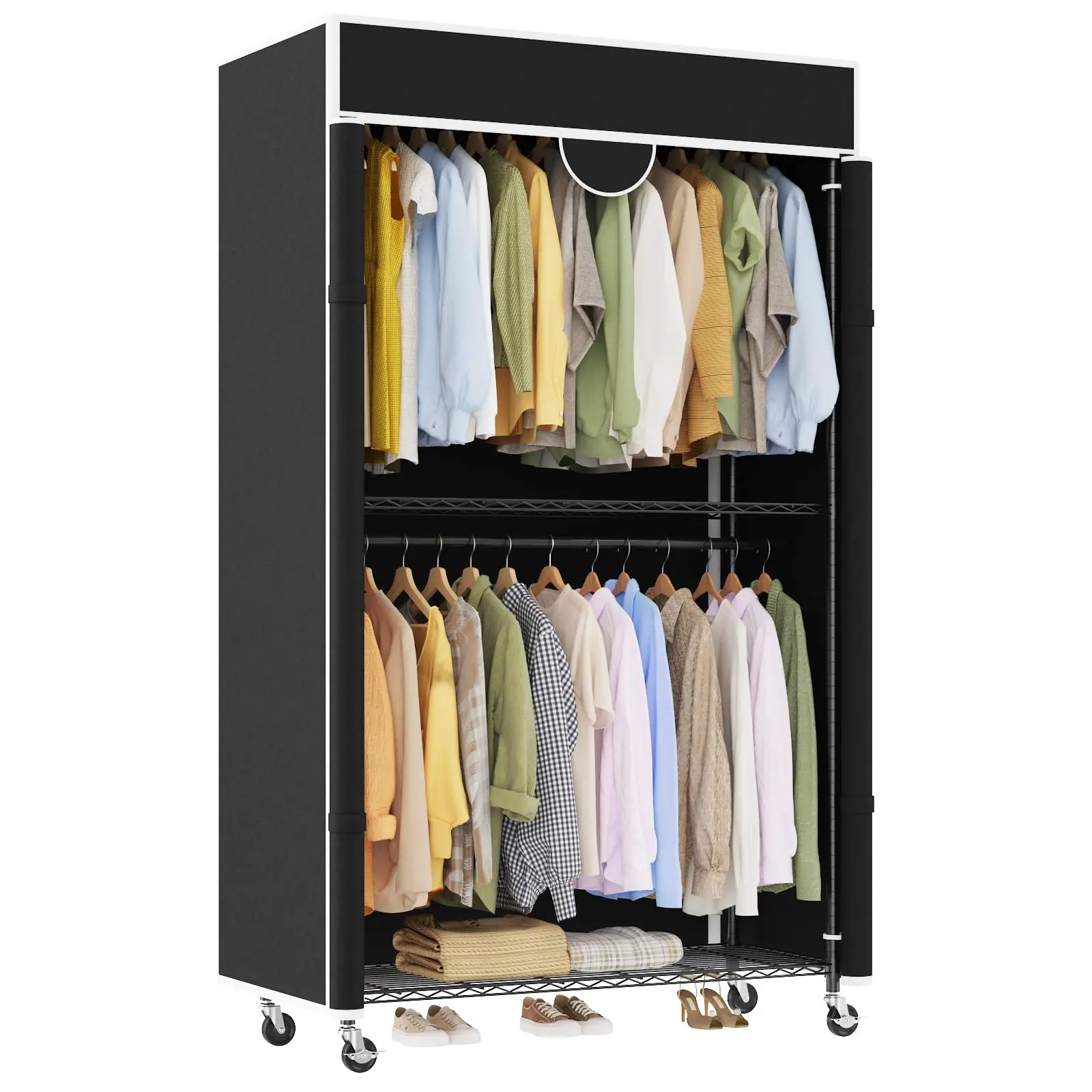 Heavy Duty Portable Closet Wardrobe - Carbon Steel Frame, Dustproof Cover, Plug-and-Play Tool-Easy Assembly, Movable Adjustable Racks, 485 lbs Capacity Single Unit Bedding Storage, Ideal for Bedrooms, Laundry Rooms