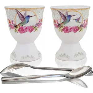 Egg Cups for Soft Boiled Eggs - Vintage Style Porcelain Egg Cups Holders, Authentic Egg Spoons, Stainless Steel