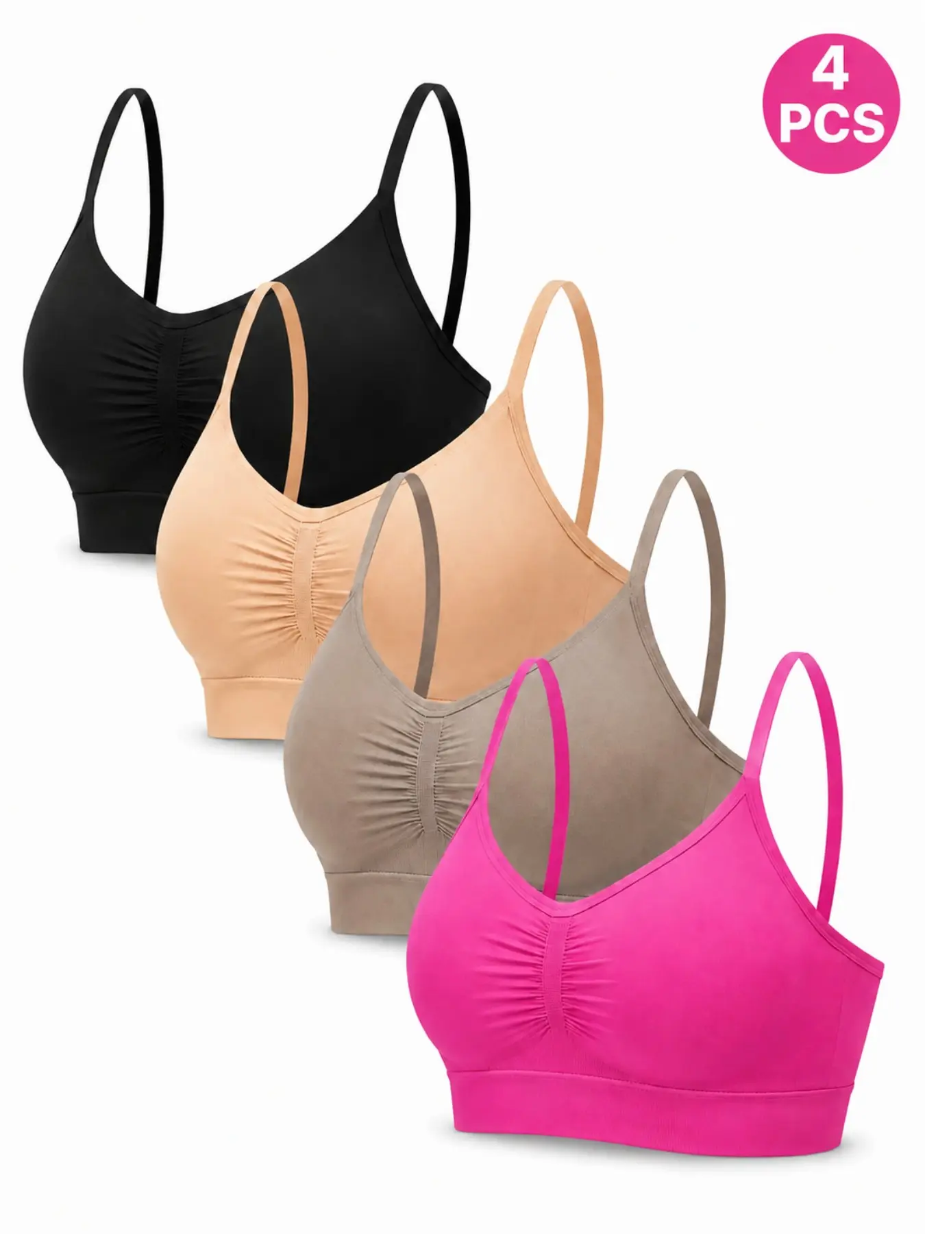 4-Pack Ruched Front Seamless Wireless Bralette, Adjustable Thin Strap Soft Stretch Sports Bra, No Underwire Comfy Lounge Sleep Bra for Daily Casual Wear