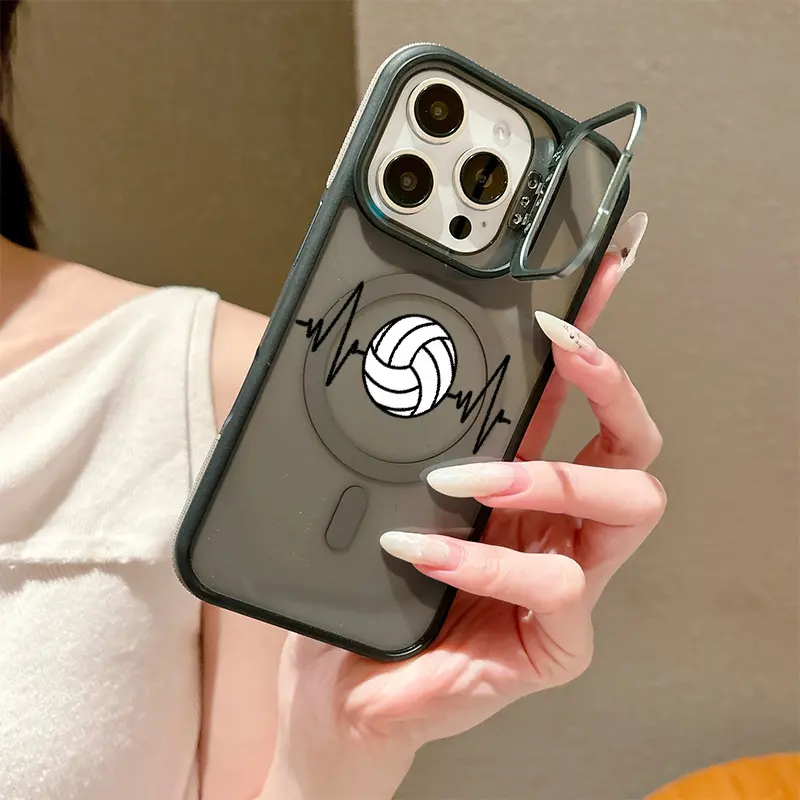 Volleyball Heartbeat Pulse Wave Design Phone Case - Sleek Dual-Tone Magnetic Translucent Cover with Metal Lens Frame, Stand Support, Anti-Slip Strips, Wireless Charging Compatibility, Fits iOS iPhone 17/16/15/14/13/12/11 Series