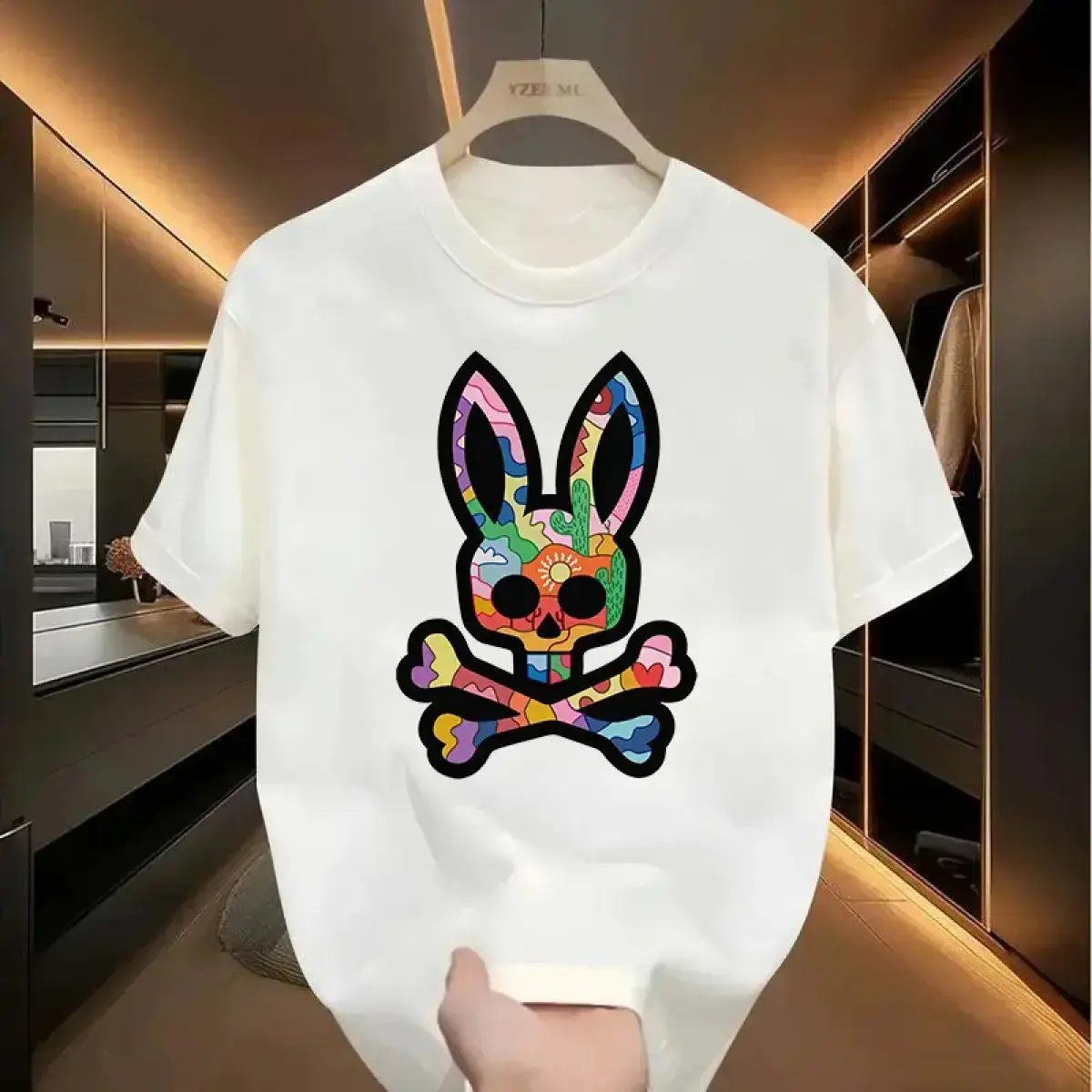 Loose Fit Graphic T-Shirt, Colorful Graffiti Skull Bunny Crossbones Desert Element Printed Craft Tee, Soft Breathable Casual Short Sleeve Top, Trendy Streetwear Aesthetic Daily Wear For Men Women, Vibrant Abstract Skeleton Rabbit Graphic Shirt For summerv