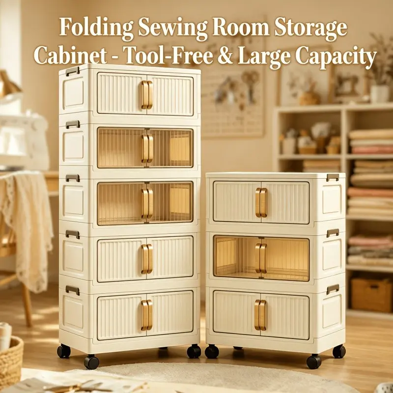 Foldable 3/5-Tier Sewing Storage Cabinet with Silent Rolling Wheels, Tool-Free Assembly. Large Compartmentalized Storage for Threads, Fabrics, Sewing Tools And Craft Supplies, Stackable Space-saving, Stylish Durable Organizer for Home Craft Studios.