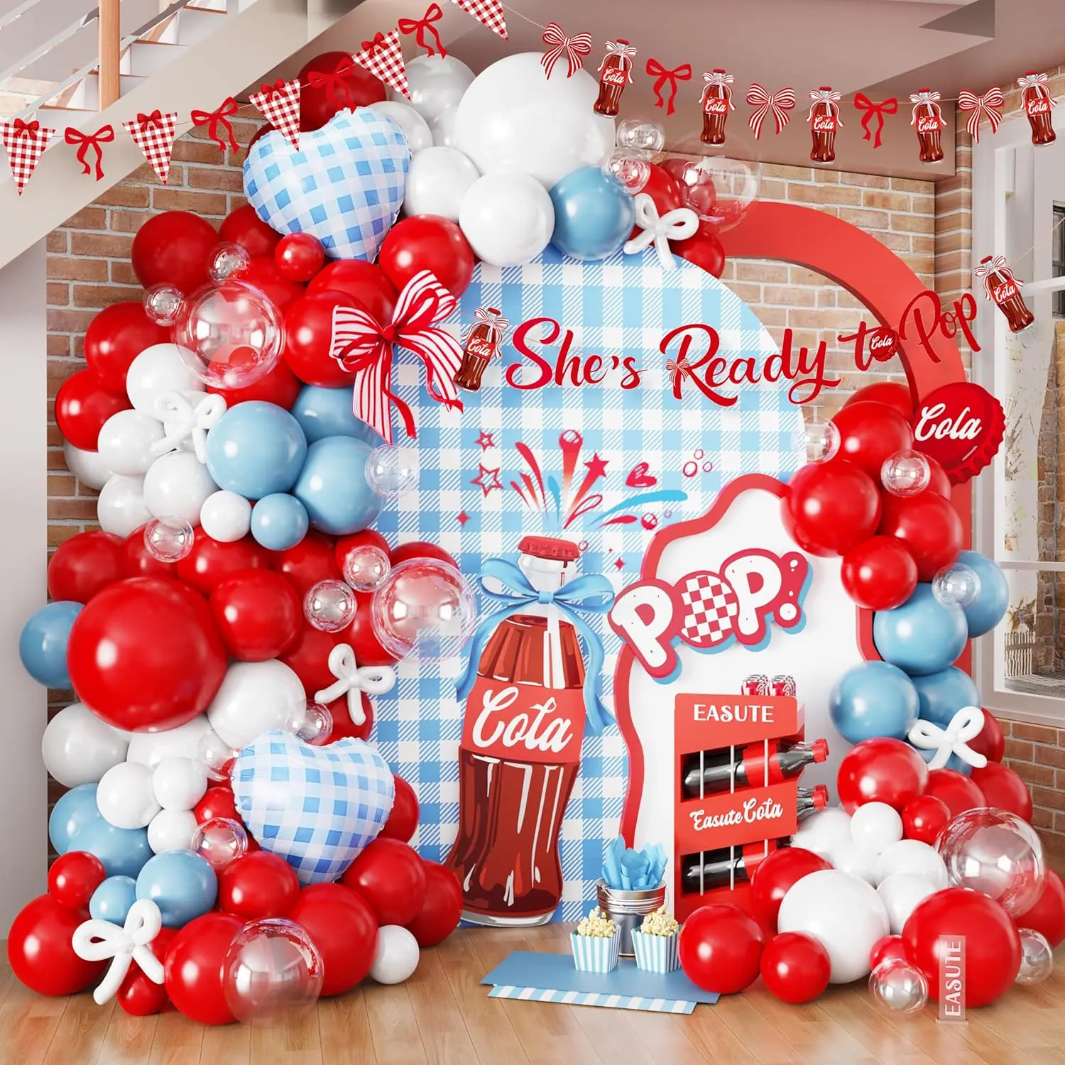 Retro She's Ready to Pop Balloon Garland Set with Soda-Themed Banner, Red White Blue Balloon Arch, Decor Backdrop & Photo Props for Baby Shower, Gender Reveal Party Supplies, Party Decor, Kit Includes