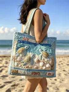 Clear Cosmetic Handbag with Ocean Element Prints, Sea Shell, Turtle & Wave Pattern Large Beach Bag, Fashion Women Handheld Shoulder Bag, Reusable Shopping Tote for Travel, Shopping, Outdoor Activities, Work & School Daily Use
