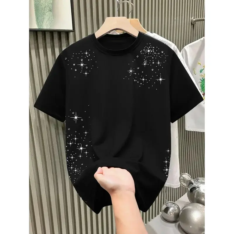 Shiny Rhinestone Process round Neck Short Sleeve T-Shirt Men's Casual Polyester Fiber Street Trend Loose Fit Teenager Suitable
