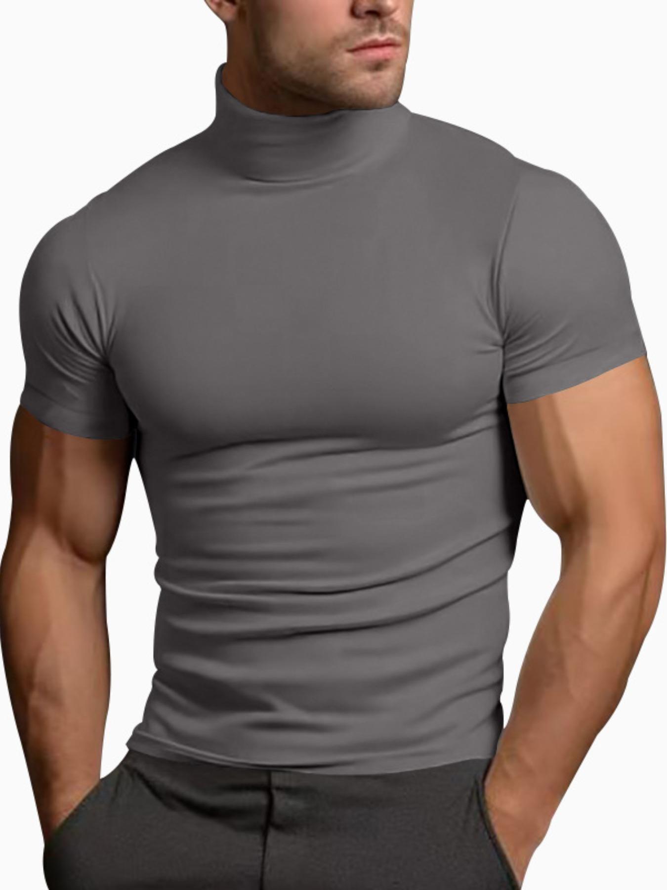 Men's Solid Color Turtleneck Tee, Casual Comfy Short Sleeve T-shirt for Summer, Men's Top for Daily Wear, Tropical, Menswear