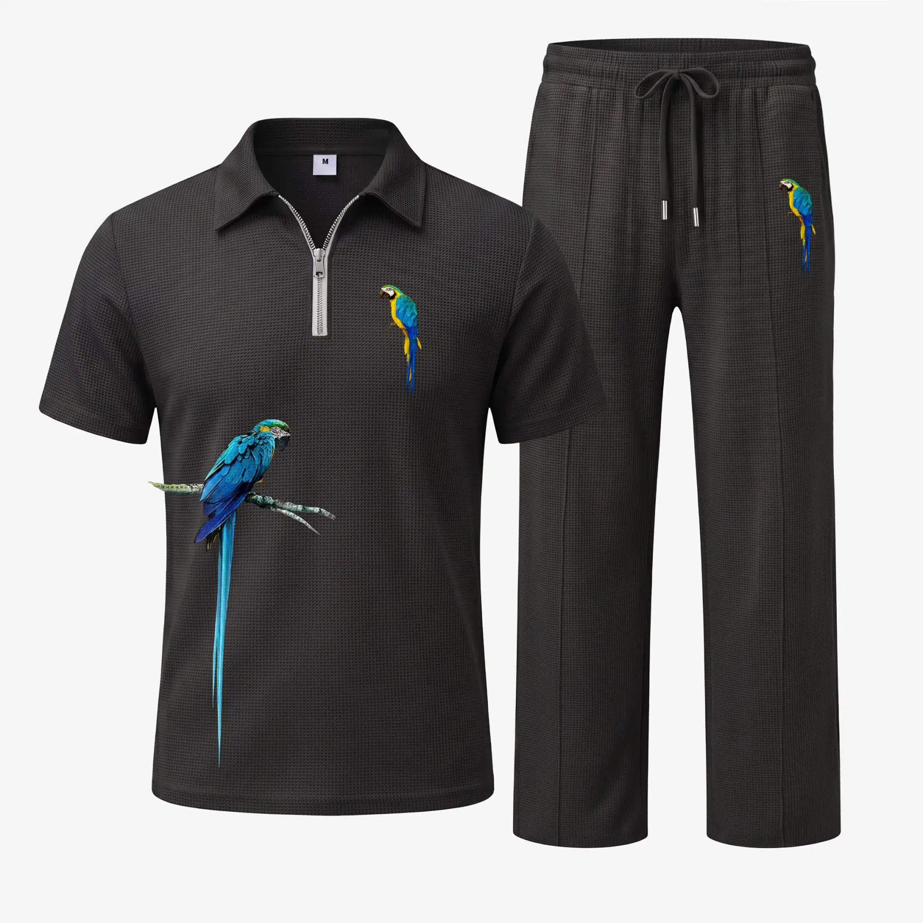 Men’s Parrot Print Waffle Fabric Zip Collar Polo Shirt and Pants Set, Short Sleeve Polo Top with Matching Drawstring Trousers, Casual Two Piece Outfit