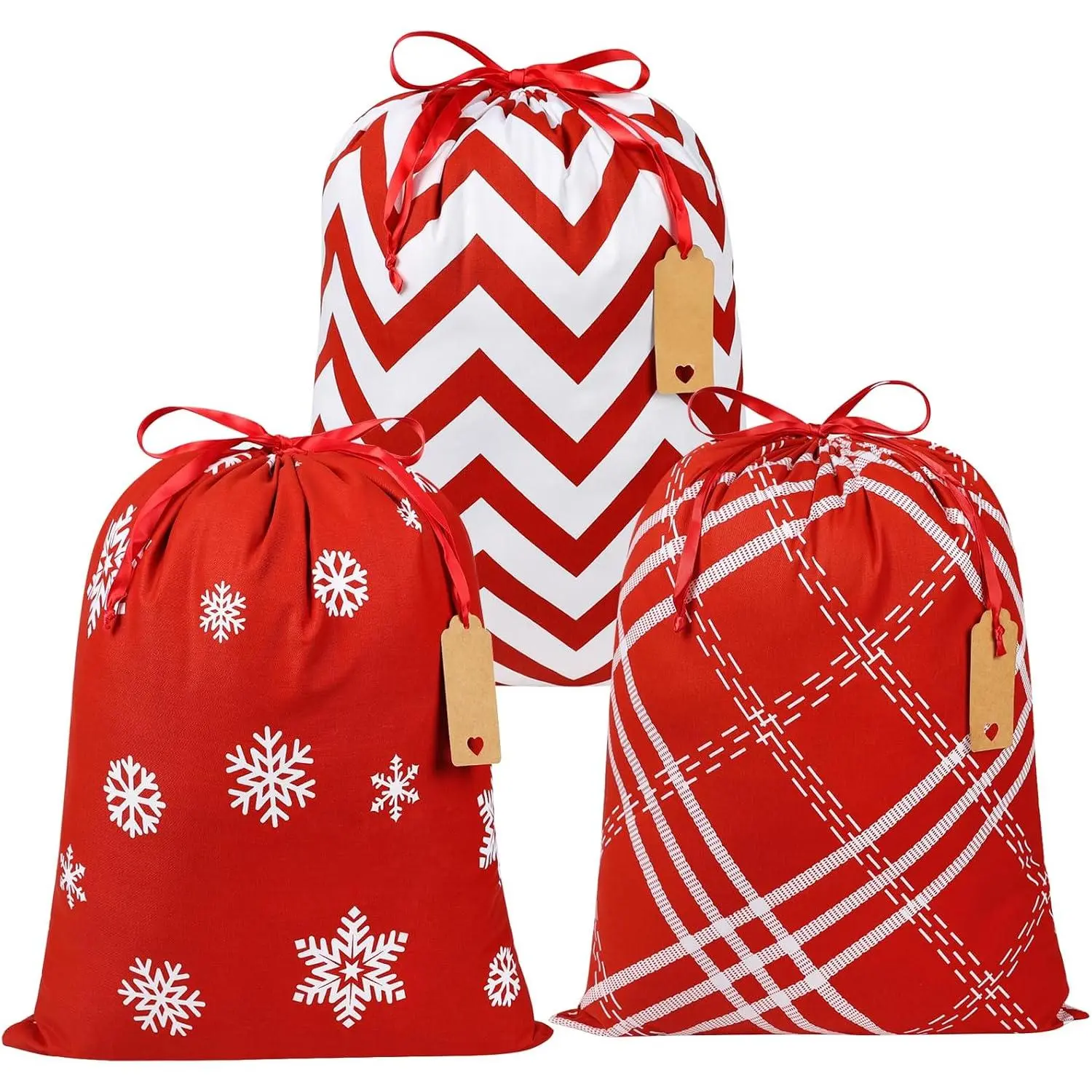 Christmas  Bags Drawstring, 3 count 20x16inch Holiday Sacks |  Cloth Fabric Xmas Wrapping Bags, Includes  Tags, for Toys, Pajamas, Clothing, and Oddly Shaped Gifts