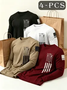 4-Pack New Long Sleeve T-Shirts, Breathable Quick-Dry Fabric, Flag Print, Casual Loose Fit, Ideal for Outdoor Activities, Wrinkle-Resistant Material