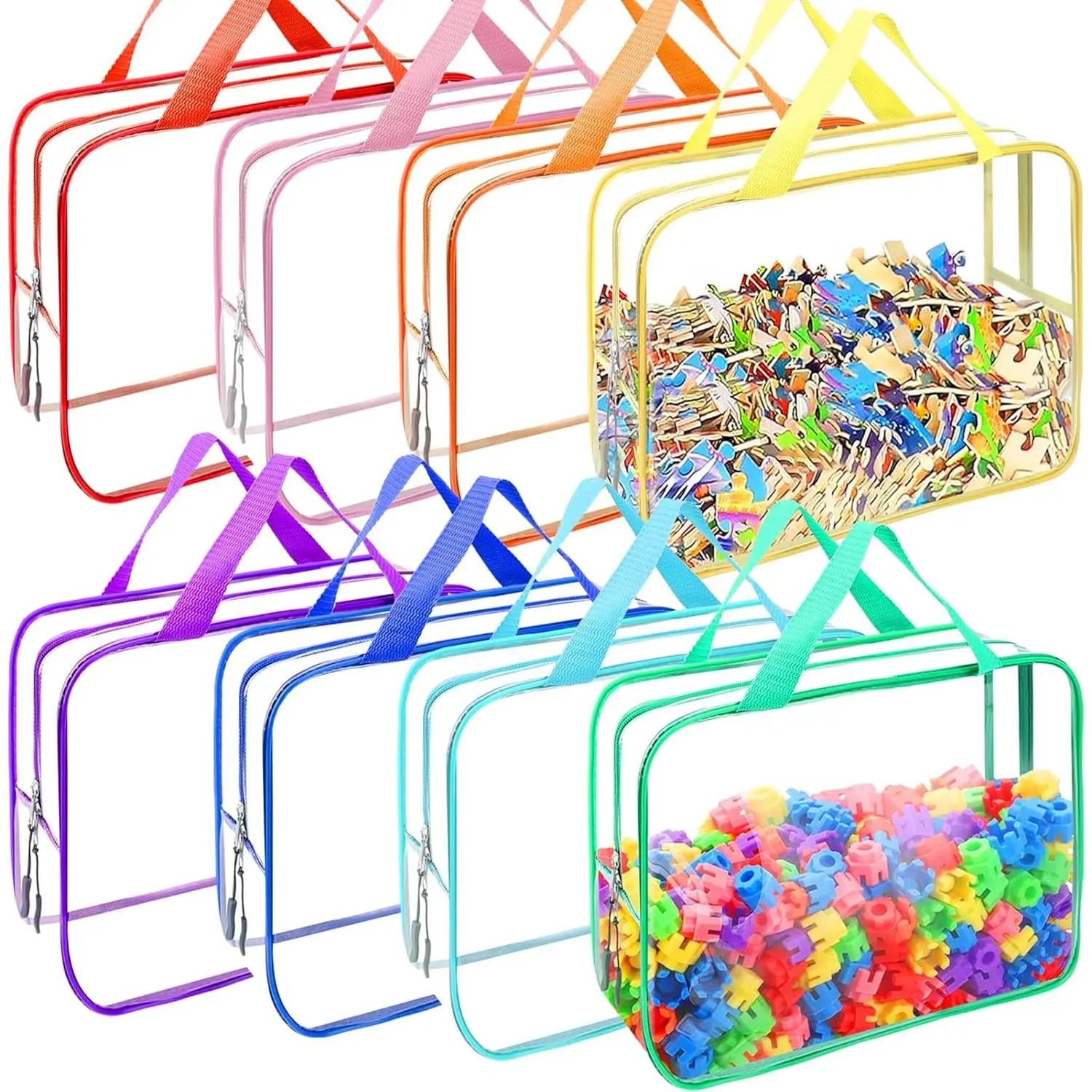 8 Pack 8 Colors Clear PVC Toy Storage Bags with Zipper - Reusable Board Game Organizer for Building Blocks, Puzzle, Handmade Accessories & Toiletry - Durable & Transparent
