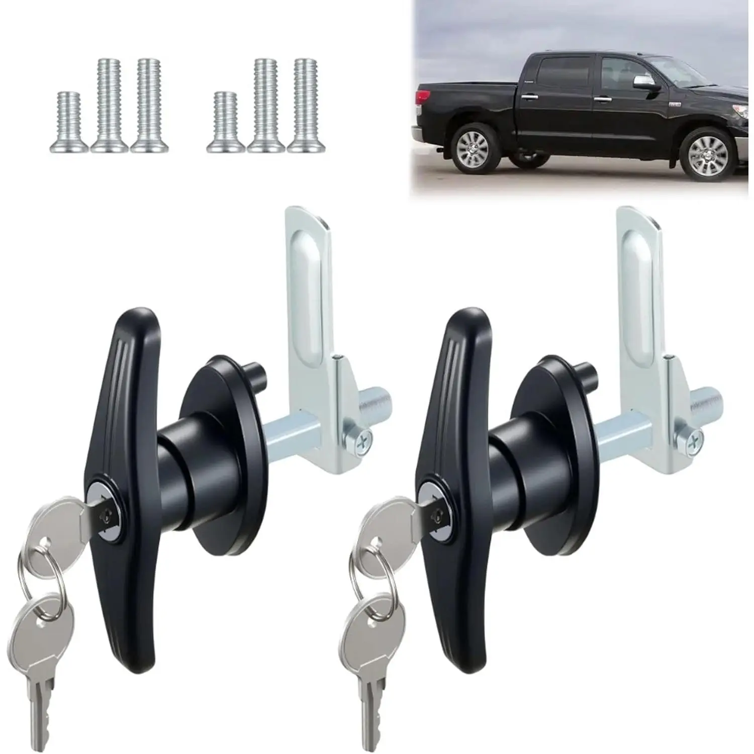 2PCS Key Alike Black Left & Right T-Handle Locking Latch, Truck Cap Camper Shell Lock Accessories with Keyed Lock for Most Truck