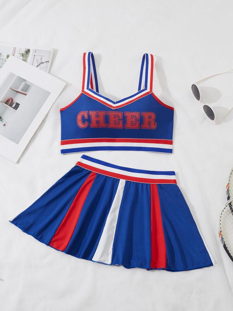 Women's Colorblock Cheerleading Uniform Set, Cheerleader Costume Set, Cute Bandeau Bra & Skirt Set for Cosplay Party, Ladies Underwear Set