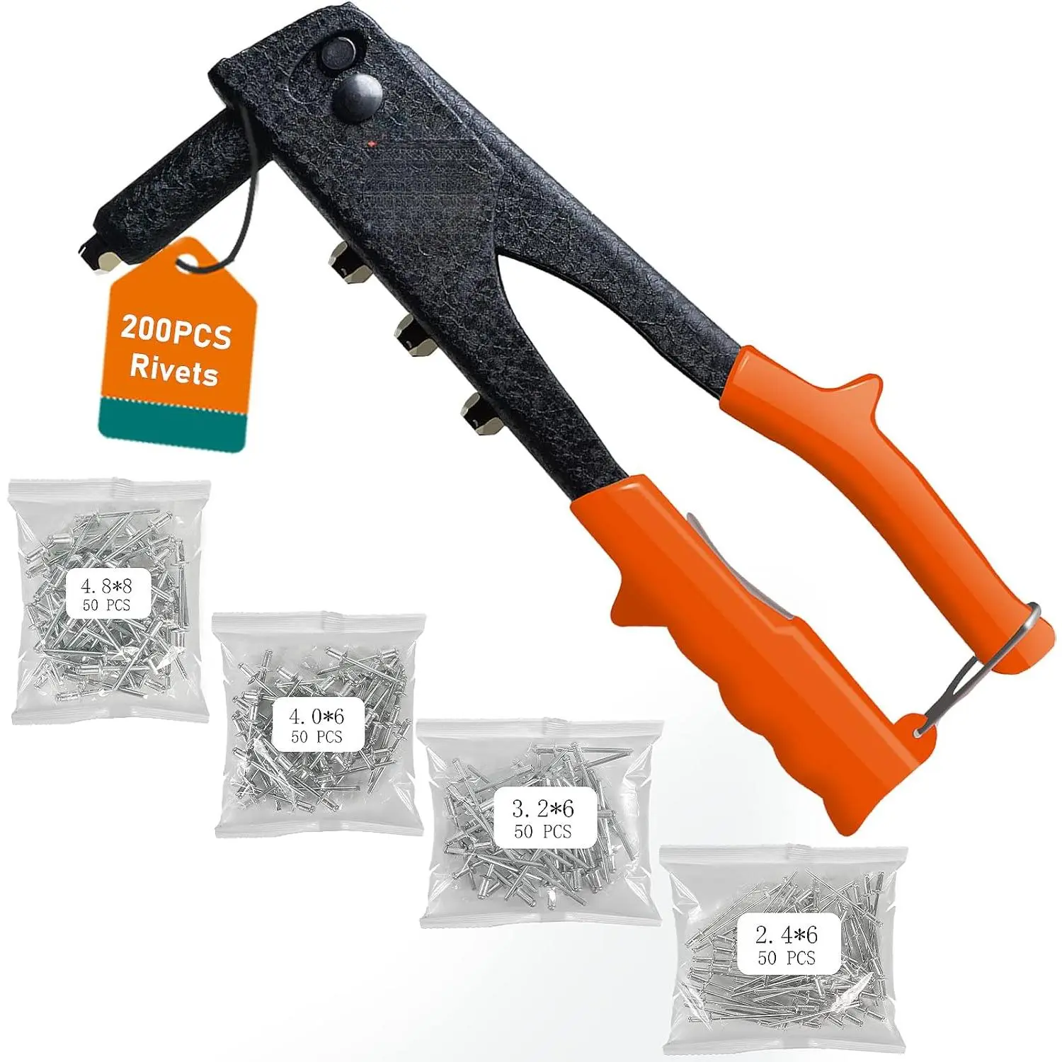 Rivet Gun,Professional Pop Rivet Gun Kit with 200Pcs Rivets, 3/32"-1/8"-5/32"-3/16", Heavy Hand Riveter kit   Metal Work, Gutter, Automotive and Other Common DIY Projects