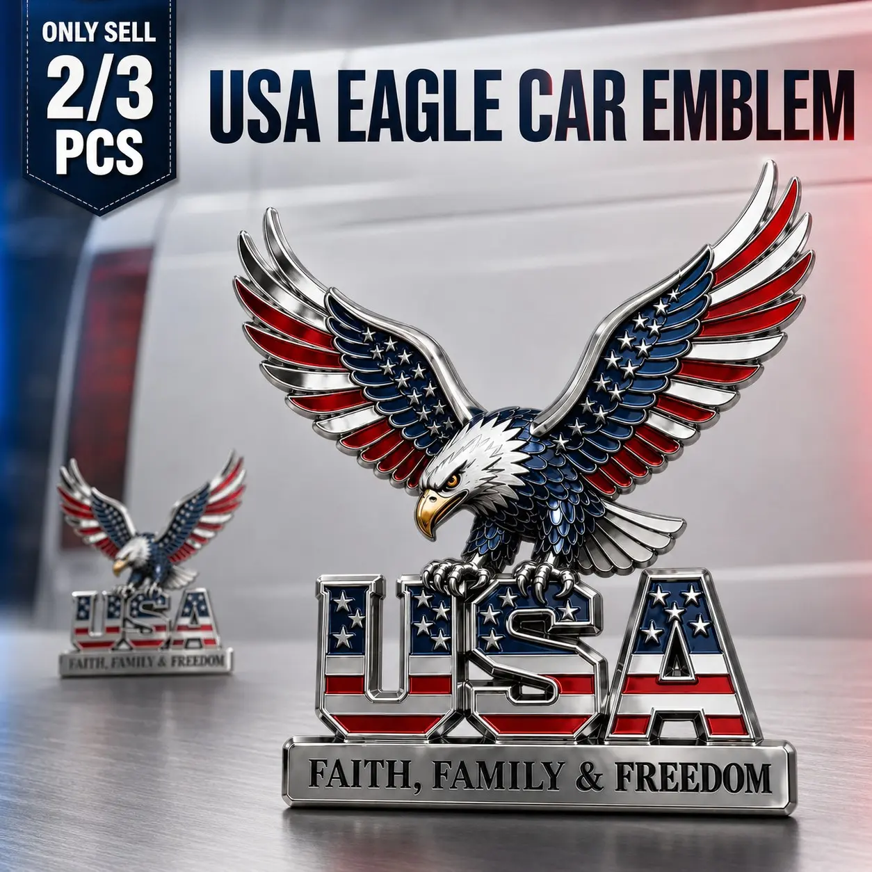 2/3 PCS Patriotic Metal Car Emblem, USA Faith Family Freedom Metal Emblem, Eagle American Flag Style, Self-Adhesive Metal Badge for Cars, Trucks, SUVs and Motorcycles