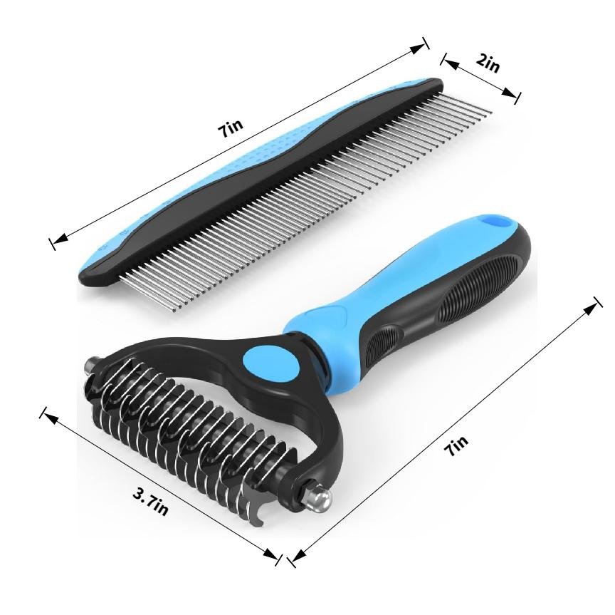 Pet Grooming Combo - Blue Deshedding Brush with Metal Comb for Detangling and Dematting Long, Matted Fur on Cats and Dogs