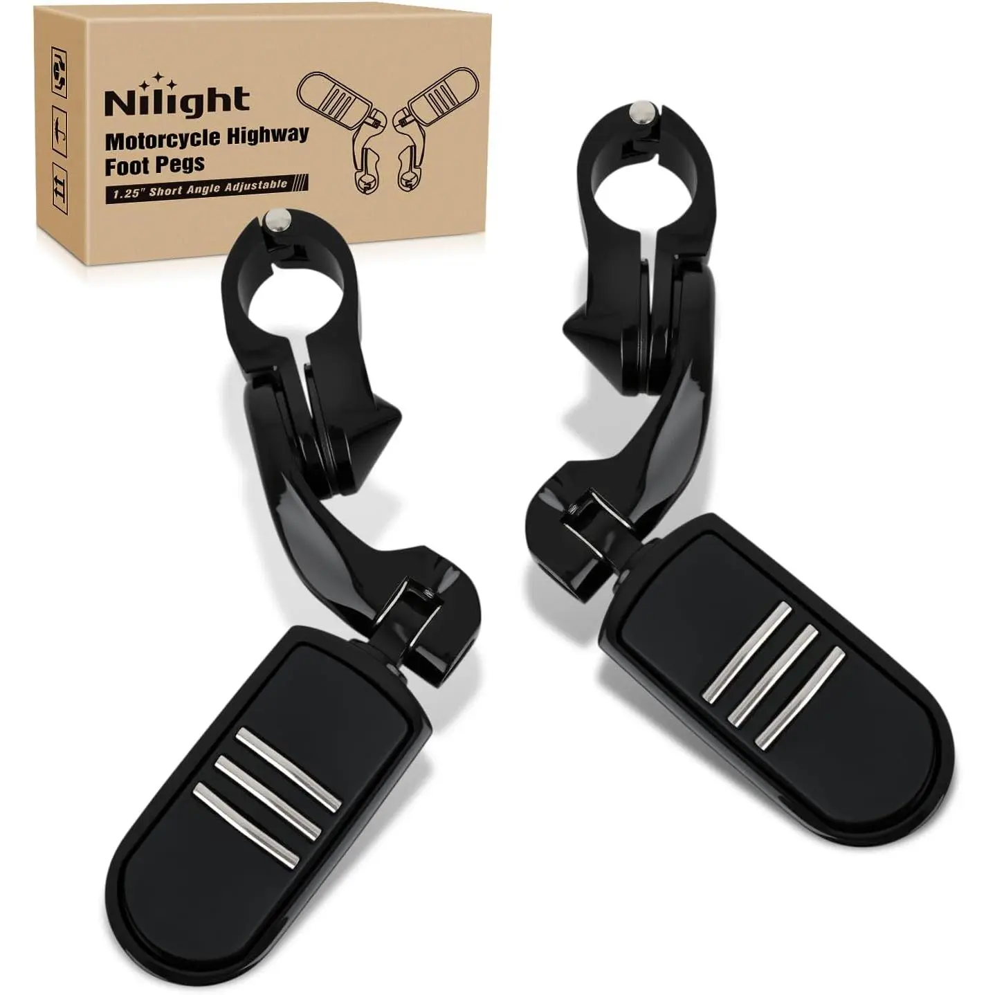 Nilight 1-1/4 Inch Motorcycle Highway Pegs For Harley Davidson Touring Road King Street Glide Sportster Adjustable Short Angled Foot Pegs Universal For 1.25 Inch Engine Guard Crash Bars Highway Footpegs Black