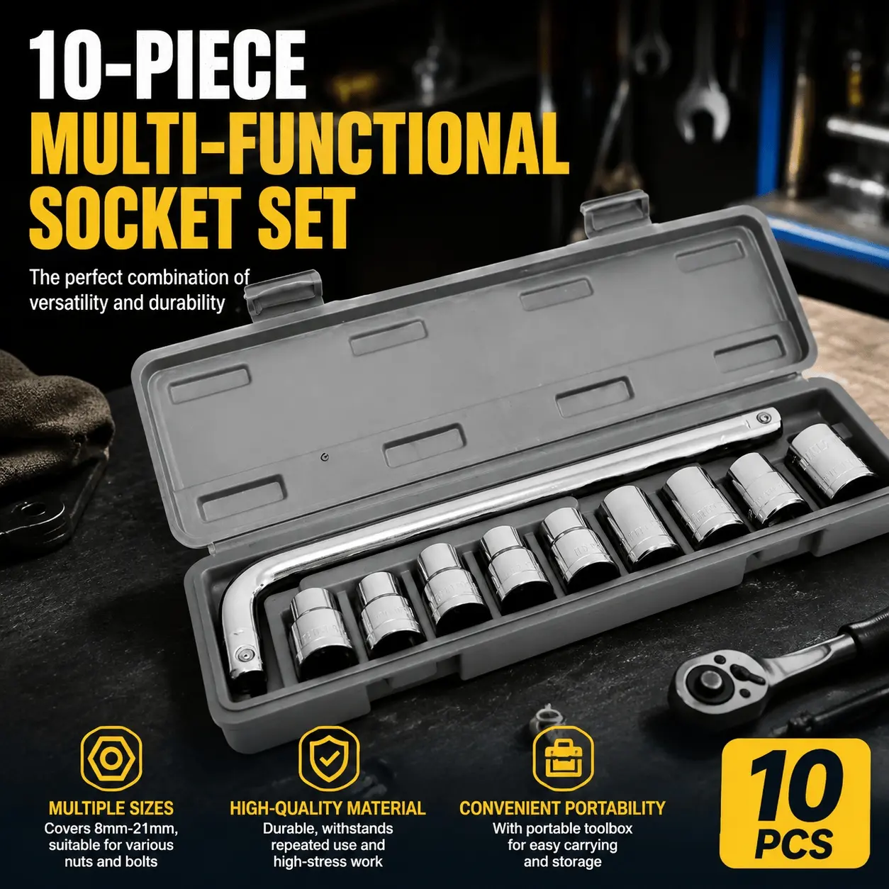 Quick-Change 8-21mm Socket Wrench Set, Heavy-Duty Alloy Steel, Anti-Burst Groove System, Non-Slip Reinforced Handle, Impact & Wear Resistant, Car Emergency Kit, Multi-Size Nut Driver