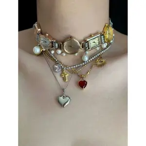 Vintage Mini Watch Dial Pearl Choker, Punk Cross & Two-Tone Heart Layered Necklace, Alt Y2K Grunge Handmade Spliced Collarbone Jewelry for Streetwear Concert Daily Casual Outfit Matching