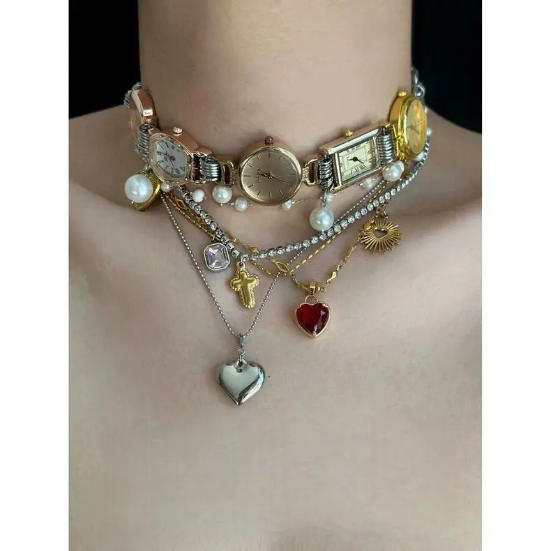 Vintage Mini Watch Dial Pearl Choker, Punk Cross & Two-Tone Heart Layered Necklace, Alt Y2K Grunge Handmade Spliced Collarbone Jewelry for Streetwear Concert Daily Casual Outfit Matching
