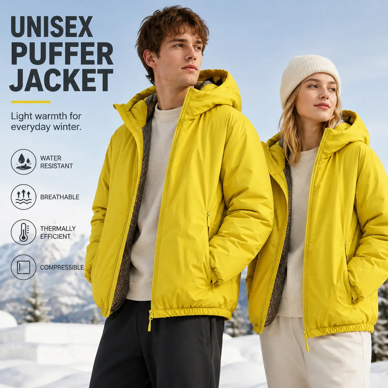 Unisex Lightweight Puffer Jacket Hooded Winter Coat for Men Women Water Resistant Insulated Zip Up Jacket Warm Breathable Thermal Outerwear Packable Casual Streetwear Travel Hiking Snow Wear Matching Couple Coat with Hood