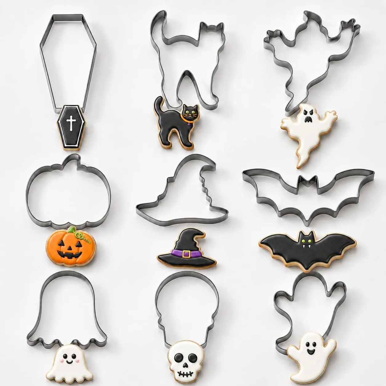 Halloween Cookie Cutters, 9- Stainless Steel Set | , bat, , pumpkin, skull, coffin and  hat shapes for cookie dough and fondant