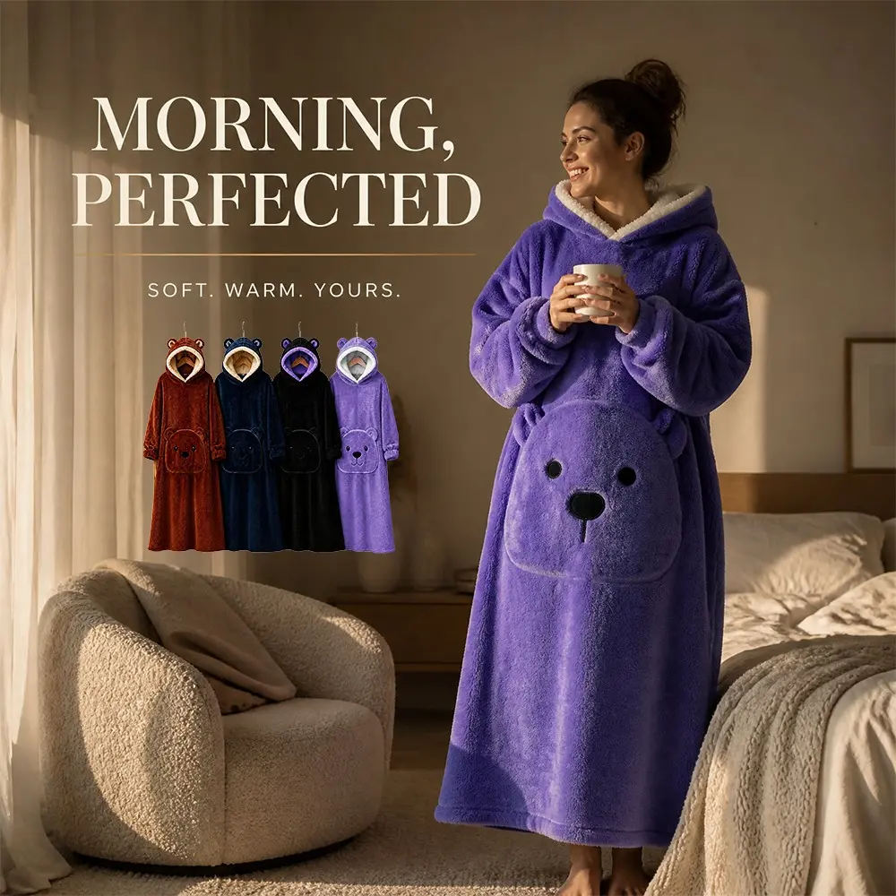 Women's Cute Bear Hooded Pullover Bathrobe, Two Lengths Full‑Length Fluffy Plush Fleece Lounger Robe With Cartoon Pocket, Warm Cozy Long Sleeve Sleepwear House Robe For Winter