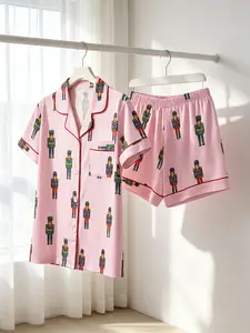 Women's Button-Down Short Sleeve Top & Shorts Pajama Set, Pink Striped Nutcracker Soldier Print, Red Piping, Front Pocket, Spring Summer Wear, Loose Fit, Whimsical Fairytale Aesthetic Day-to-Night Loungewear