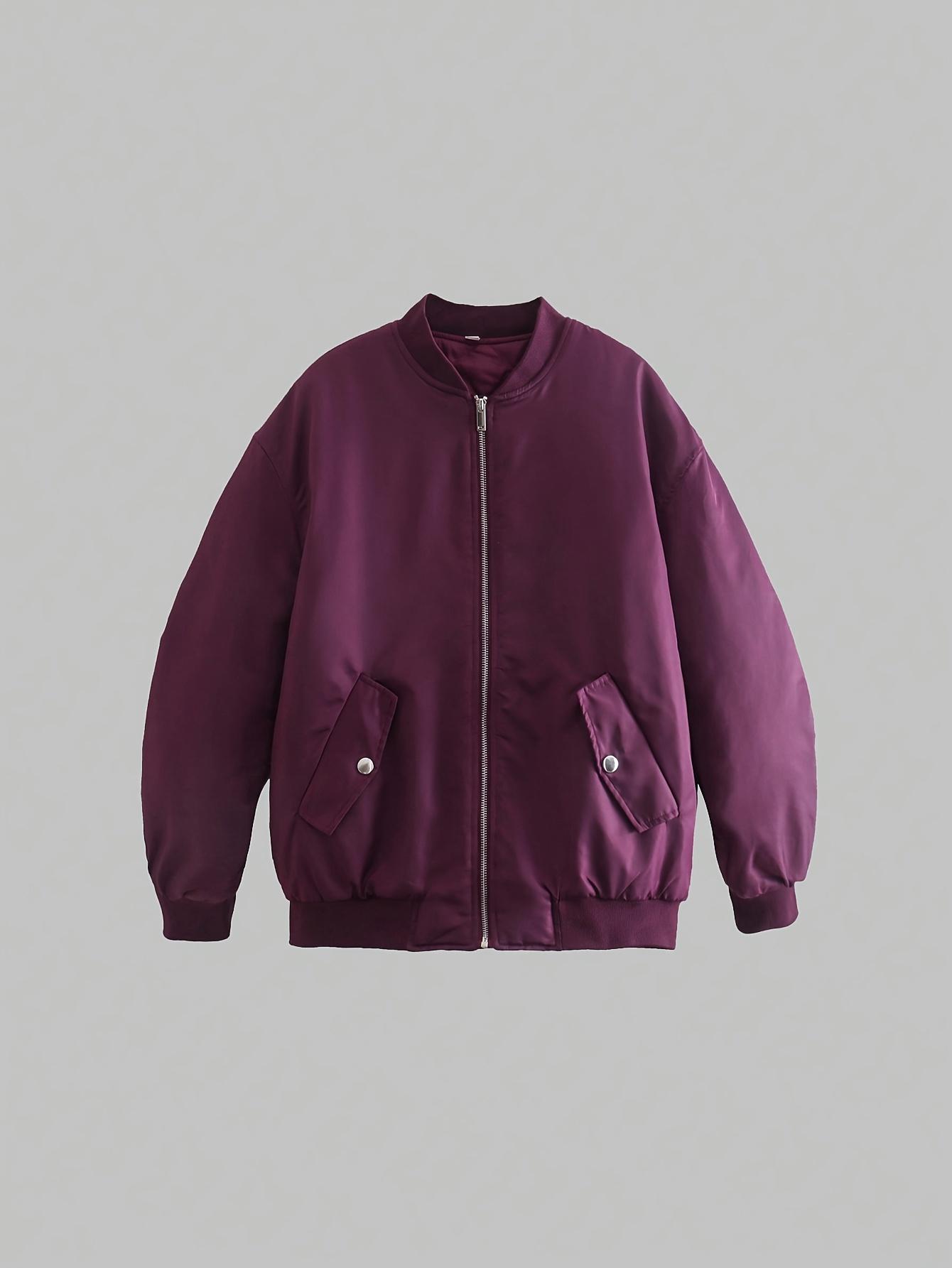 Women's Casual Loose-Fit Long Sleeve Bomber Jacket with Baseball Collar & Zipper Front - Solid Color Machine-Washable Fall Winter Versatile Outerwear, Seasonal Fashion, Nonstretch Material