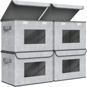 Fabric Foldable Storage Boxes [4-Pack] Large Collapsible Stackable Storage Bins with Lids, Closet Organizers and Storage Cube Basket for Home, Office, Bedroom (Gray, 17“ x 12” x 12")