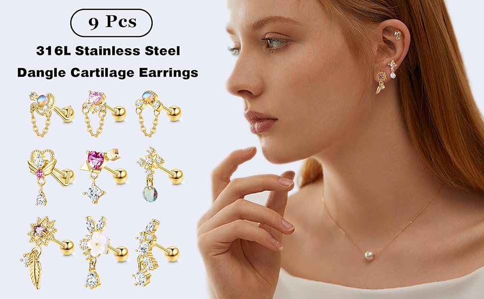 Jstyle 9 Pcs 16G Dangle Cartilage Earrings for Women Stainless Steel Stud Earrings Heart Arrow Feather Snowflake Wing CZ Dangling Cartilage Earrings Tragus Conch Helix Piercing Jewelry Daily