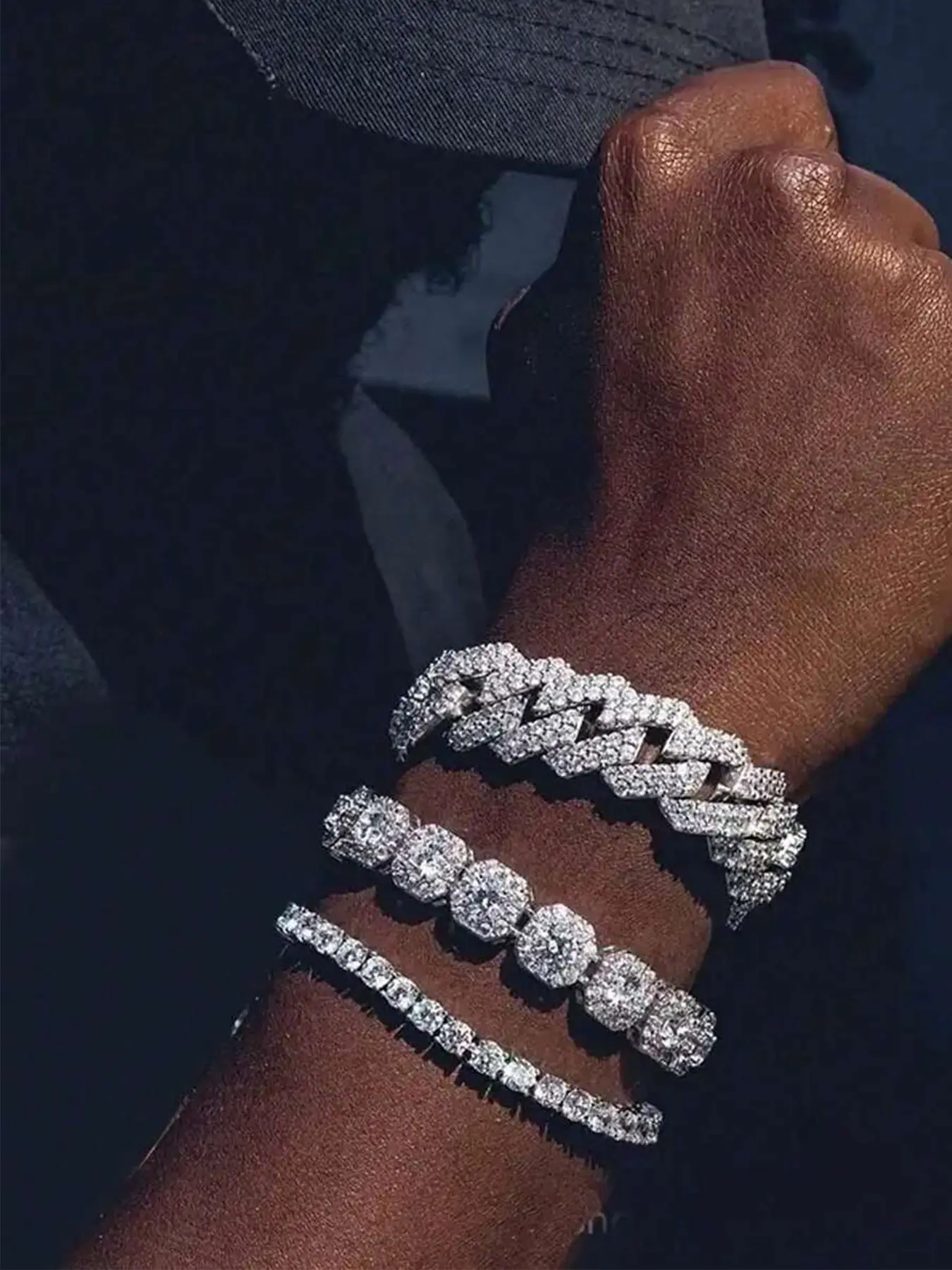 3pcs Shiny Cuban Chain Bracelets, Trendy Square Water Drill Bracelets, Rhombus Cuban Bracelets, Hip Hop Style, Perfect Gift for Holidays