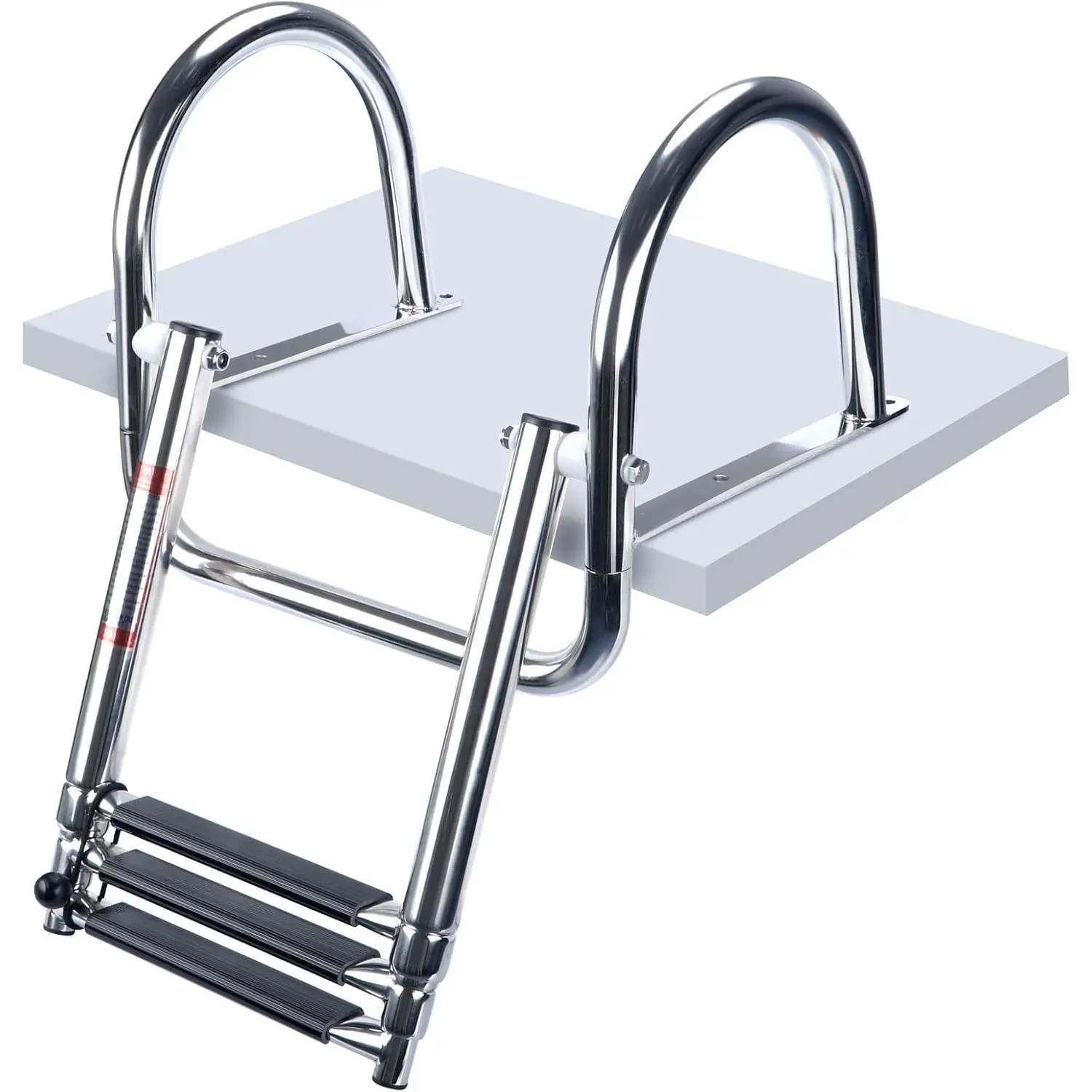 3 Steps Pontoon Boat Ladder, Stainless Steel Folding Telescoping Rear Entry Inboard Ladder Heavy Duty Custom Swim Deck Ladder with Pedal Hand Railing Ladder