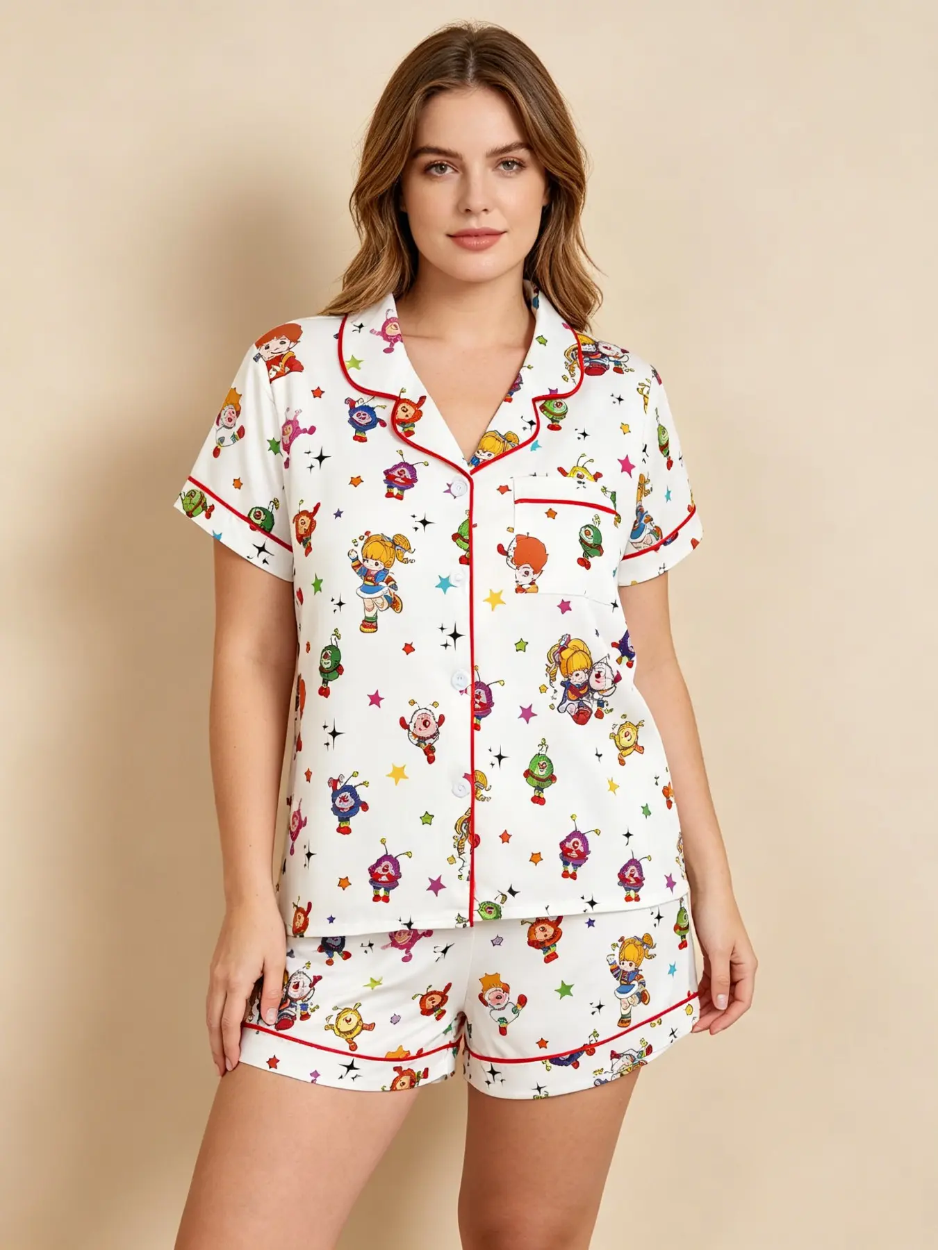 Vintage Rainbow Fairy Cartoon Print Women's Pajama Set Pyjamas Pjs, Comfortable Casual Wear-Outside Sleepwear, Short Sleeve Button-Up Top and Elastic Shorts, Sleepwear For Summer