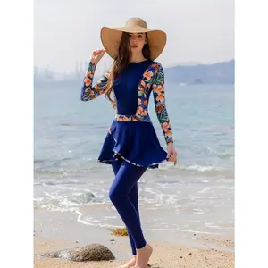 Middle Eastern Style Muslim Ramadan Long Sleeve Long Pants Jumpsuit One-Piece Women'S Floral Pattern Conservative Burkini Full Coverage Swimwear Women'S Swimsuit Summer Beach