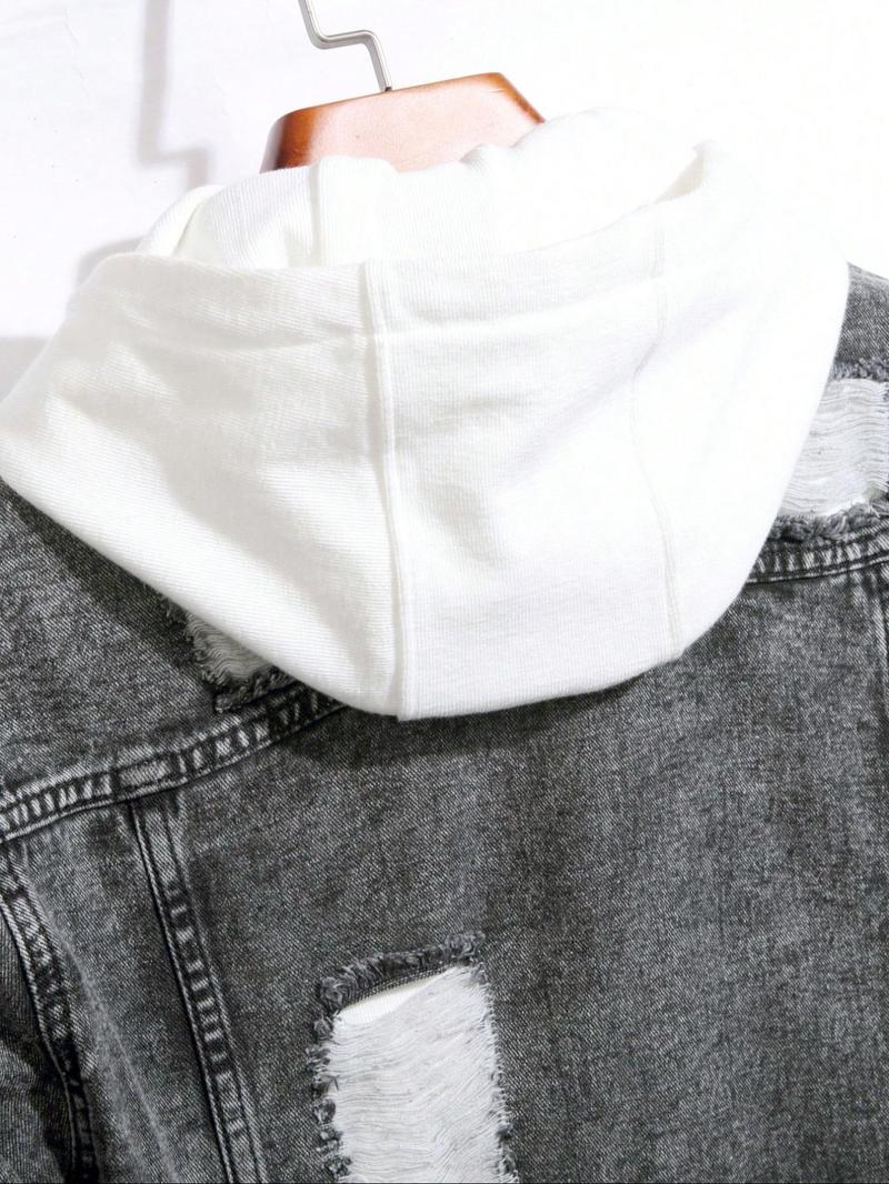 Men's Distressed Ripped Long Sleeve Lightweight Denim Jacket, Regular Fit Street Fashion Casual Comfy Button Front Multi-pocket Collared Outerwear for Daily Wear, Menswear for All Seasons