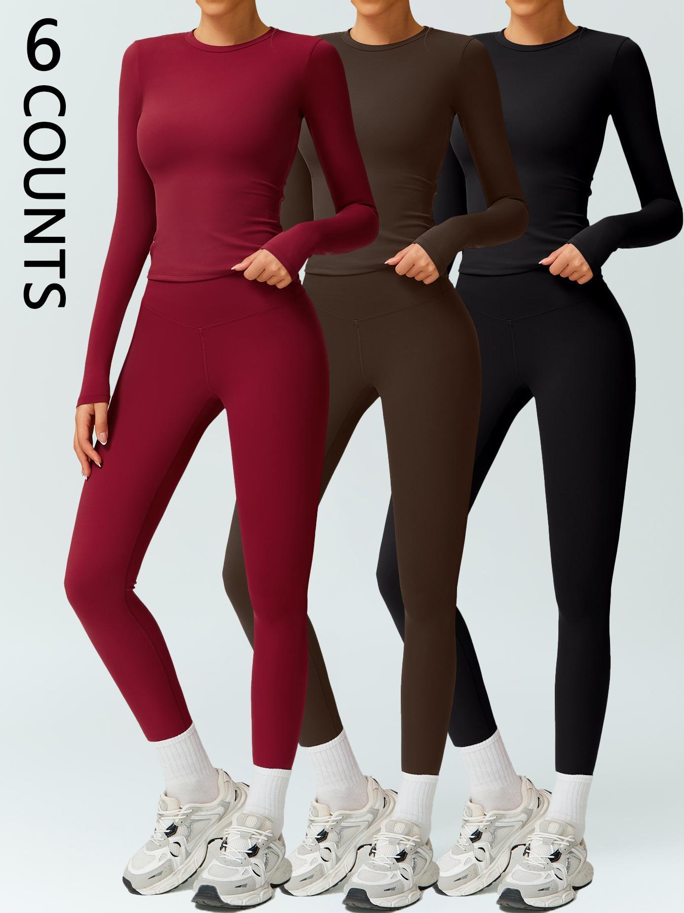 Women's Solid Long-Sleeve Tee & High-Waist Leggings Set, Sporty Round Neck Top & Skinny Pants 2-Piece Set for Gym Workout and Running, Ladies Fall & Winter Sportswear, Sports Fitness Wear, Workout Running Outfits