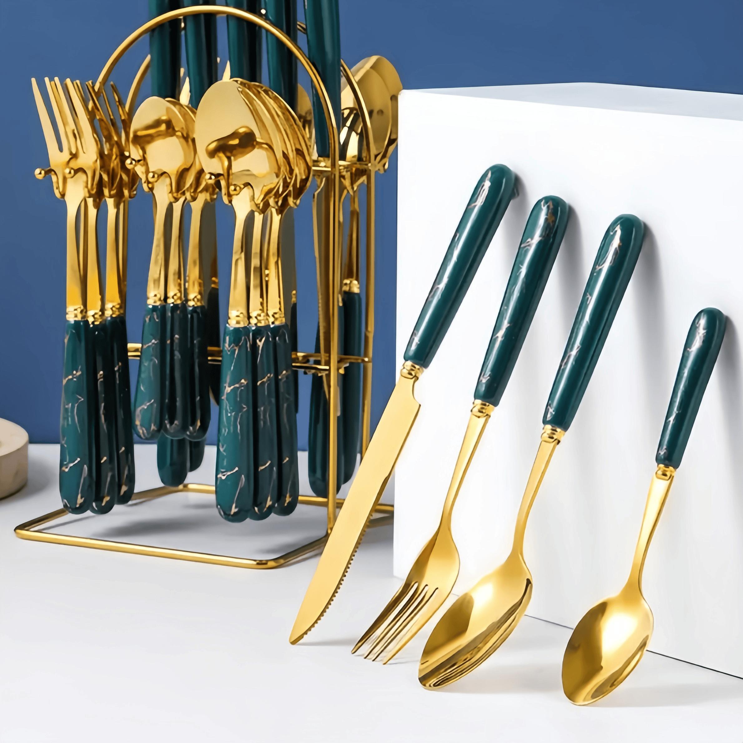 Modern Stainless Steel Cutlery Set with Holder, 24pcs/set Including Knives, Forks, and Spoons, Tableware Set for Home Kitchen Dining Room, Utensils