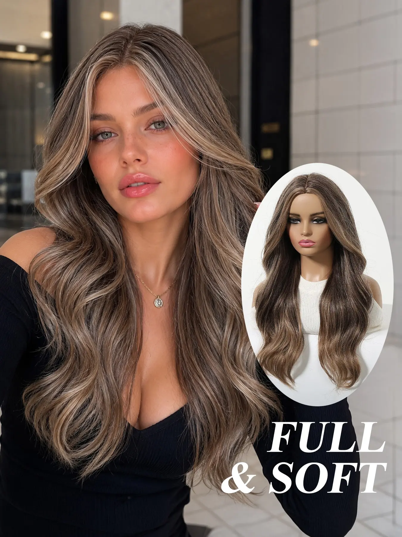 Large Wave Long Curl Highlight Wig, Balayage Dyed, Women's Daily Fashion Versatile, 22 Inches, Heat Resistant Synthetic Fiber